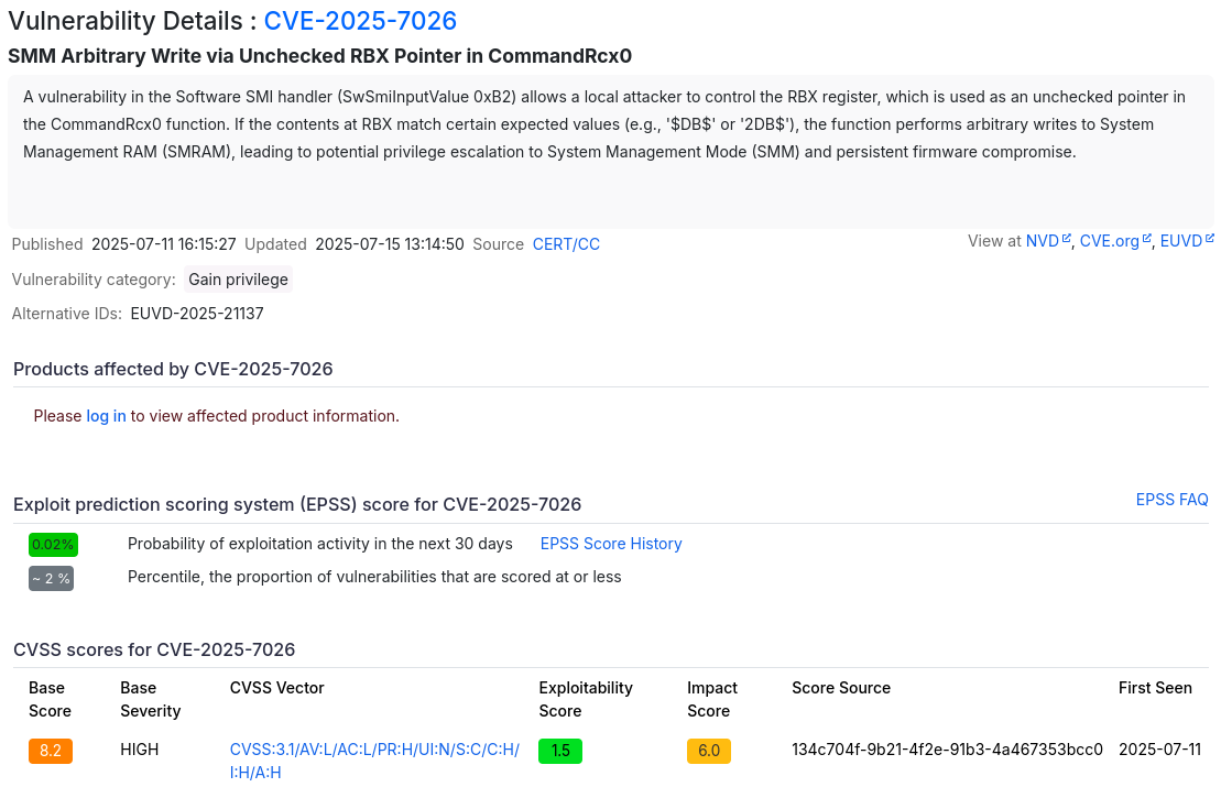 The cvedetails.com page
on the CVE-2025-7026 vulnerability, showcasing the reliance on vendor's
security implementations given the closed source nature of the product.