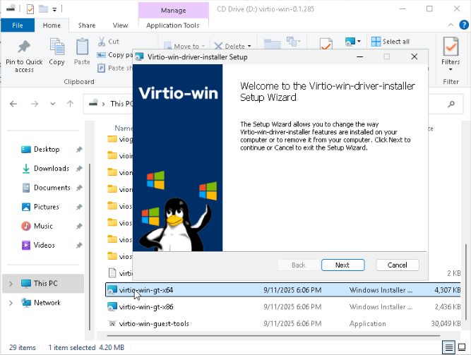 Windows VirtIO installer wizard